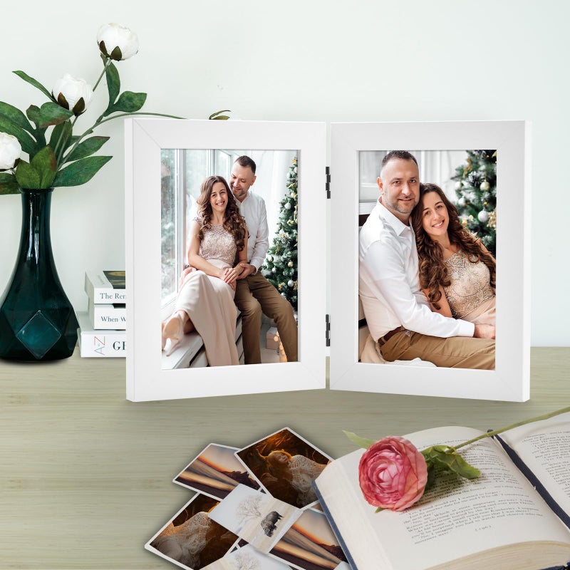 Frametory, 5x7 Double Picture Frame - Real Glass Hinged 2 Photos Collage, Desktop Picture Frame Standing Vertical (White, 1 Pack) - Image 3